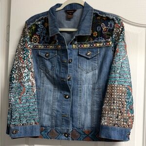 Multiples Blue Denim Jacket with Multicolor Embroidered Sleeves
